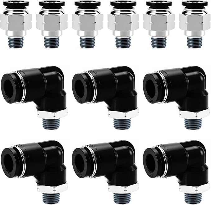Pneumatic 3/8 Push to Connect Fittings Male Thread Elbow and Straight Combination Air Line Quick Connect Fittings 3/8"OD x 1/8"NPT Quick Connect Air Hose Fittings (Pack of 12)