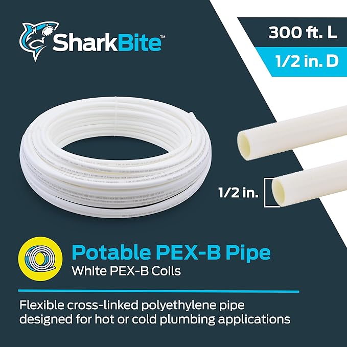 SharkBite 1/2 Inch x 300 Feet White PEX-B, PEX Pipe Flexible Water Tubing for Plumbing, U860W300