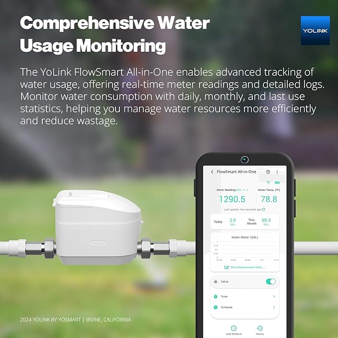NSF Certified YoLink FlowSmart All-in-One Smart Water Meter & Auto Shutoff for 1/2" Pipes, LoRa Long-Range, Real-Time Leak Detection, 10-Year Battery, 80+ Device Ecosystem, Hub Included - YS5008