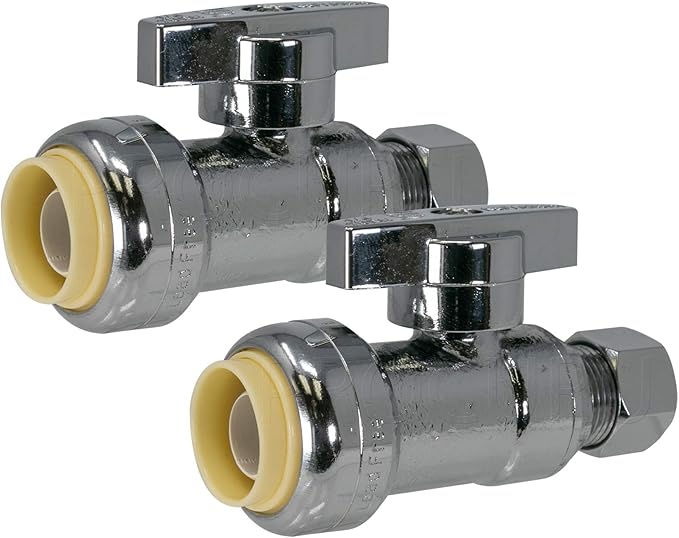 PROCURU 2-Pack PushFit Straight Stop Valve 1/2" Push x 3/8" OD Comp, Faucet/Toilet Shut Off Quarter-Turn Valve, Certified Safe for Drinking Water