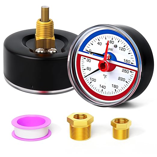 MEANLIN MEASURE 0-160Psi Thermal Pressure Gauge,0-250℉ 1/4" NPT 2.5" FACE DIAL, Boiler Temperature Pressure Gauge with Reset Pointer, with 1/2" NPT and 3/8" NPT Hex Bushing, Back Mount