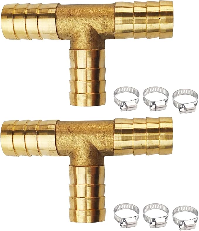 2PCs 1/2" Brass Hose Barb Fitting Tee 3 way Barbed Splicer Mender Union Fitting with 6PCs Hose Clamp for Oil Water Air