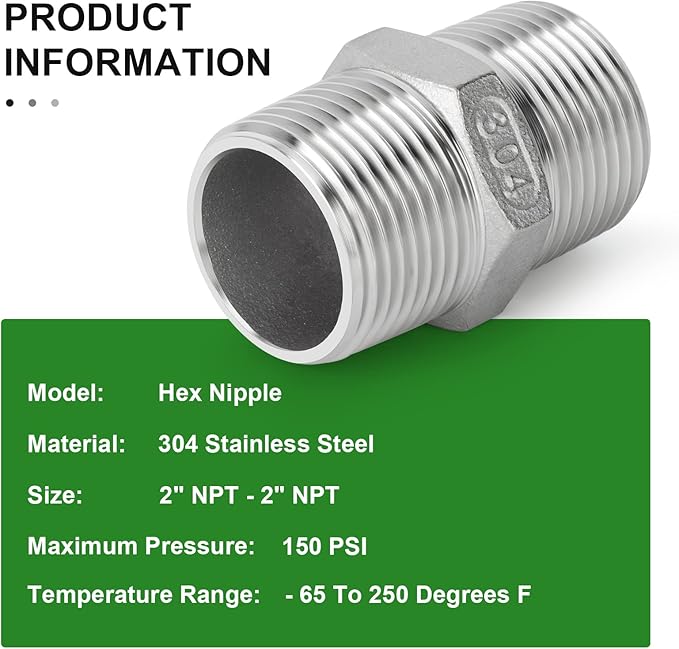 TAISHER 2PCS Cast 304 Stainless Steel Hex Nipple, Pipe Fitting 2-Inch Male Pipe x 2-Inch Male Pipe