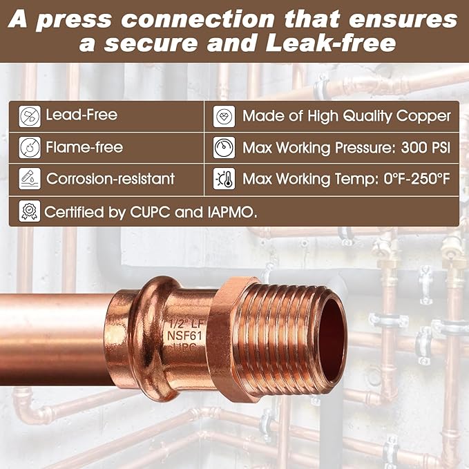 Copper Press Male Adapter,12PCS 1/2" Press x 1/2” NPT Male Copper Press Fittings Adapter,1/2” Male NPT x Press LF Coppers Press Adapter Pressure Coppers Fitting Male x Press Connection for Plumbing
