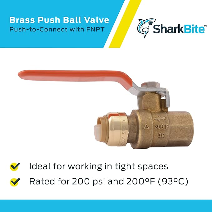 SharkBite 1/2 x 1/2 Inch Ball Valve with FNPT Connector, Push to Connect Brass Plumbing Fitting, PEX Pipe, Copper, CPVC, PE-RT, HDPE, 22182-0000LF