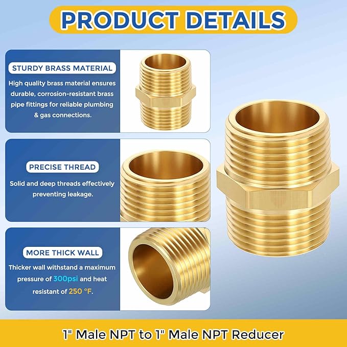 5 Pack Brass Pipe Fittings, 1" Male NPT to 1" Male NPT Brass Hex Nipple, Male Pipe Adapter Reducer for Air, Oil, LP