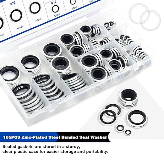 165PCS Bonded Sealing Washers, NBR Metric Zinc-Plated Steel Self-Centred Sealing Rubber Washers, Automotive Seal Gasket Crush O-Ring Assortment Kit Set M6 to M24