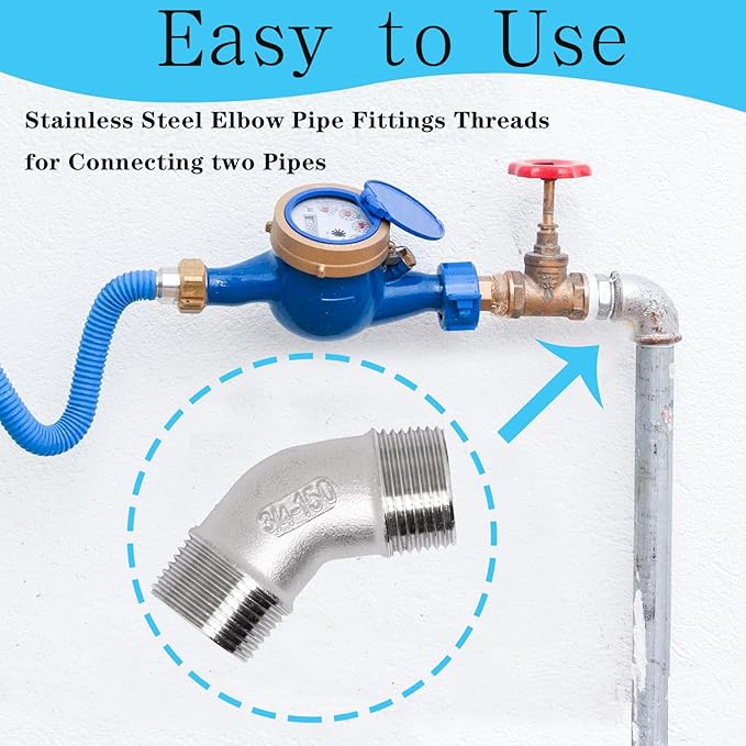 2PCS 304 Stainless Steel 45 Degree Elbow, 3/4" NPT Male Pipe to 3/4" NPT Male Coupler, Heavy Duty Forged Street Elbow Adapter Pipe Fittings, Class 150