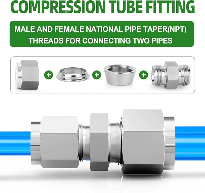 TAISHER 2PCS 304 Stainless Steel Compression Tube Pipe Fitting Connector, 1/4" Tube OD x 1/8" Tube OD Straight Adapter