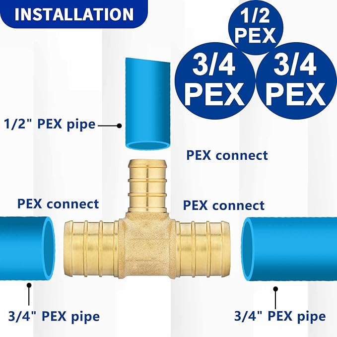 (10 Pack) Lidertik Pex Fittings Reducing Tee Brass Crimp Pipe, 3/4" * 3/4" * 1/2" PEX-B Brass LI-APXT343412(10 Pieces)