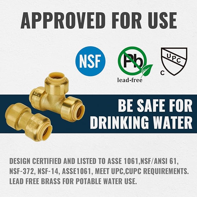 SUNGATOR Pushfit Plumbing Fitting Assortment 1/2 Inch, Straight Coupling (10 PCS), Tee (5 PCS), No Lead Brass Push to Connect Pex, Copper, CPVC, with A Disconnect Clip, Pack of 15
