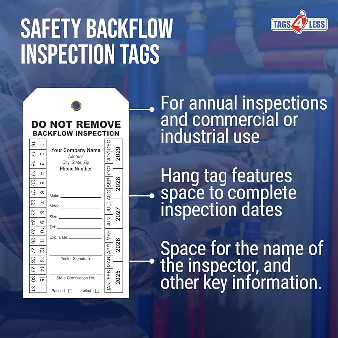 Tags 4 Less Custom Printed Backflow Inspection Tags – 2 5/8" x 5 1/4" Maintenance Record Tag for Backflow Test, Waterproof Heavy Duty Vinyl Plastic for Record-Keeping (Choose Color, Pack of 100)