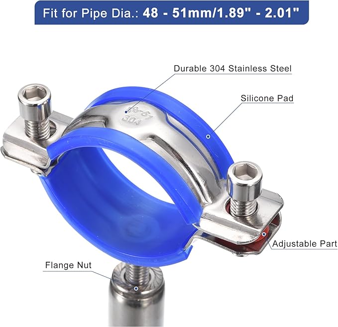 uxcell 2Pcs Stainless Steel Pipe Supports Wall Mount Ceiling Mount Pipe Bracket Adjustable Clamp Pipe Strap Fit for Dia 48-51mm Pipe Tube