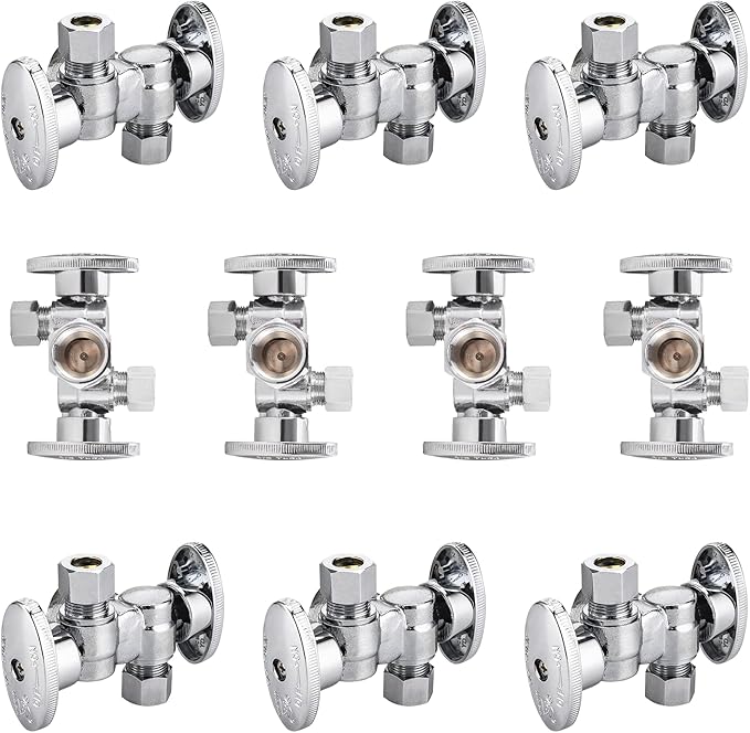 10-Pack Foskan Dual Turn Angle Stop Valve with 2 Shut Off Valve/Handles, 1/2" FIP x 3/8" OD x 3/8" OD,Chrome Plated Brass