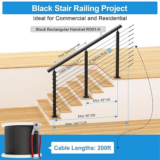36" Stair Railing Post Kits(Post 35"x2"x2"), Adjustable Top Stair Cable Post System Includes 3Pack Stair Posts, 200FT Wire Rope, Black Swageless Cable Railing System Kit(No Handrail), RG32