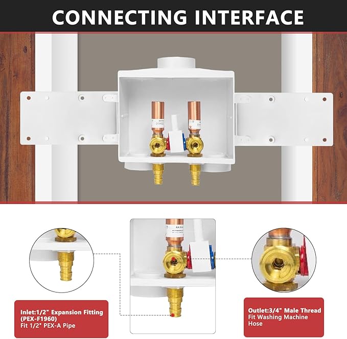 EFIELD Double Drain Washing Machine Outlet Box, 1/2-inch Expansion Pex-A F1960 Inlet, Single Control Valve, Water Hammer Arrestor (Copper),(WM018)