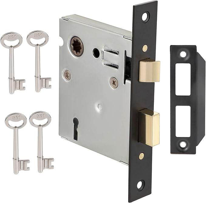Mortise Lock Set - Interior Door Lock Replacement Kit, Reversible Latch, Skeleton Key, Antique Vintage Style, Matte Black Finish