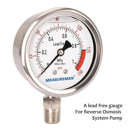 MEASUREMAN Lead-Free Glycerin Filled Reverse Osmosis Pressure Gauge, 2-1/2" Dial Size, 1/4" NPT Lower Mount, 0-150psi/Mpa