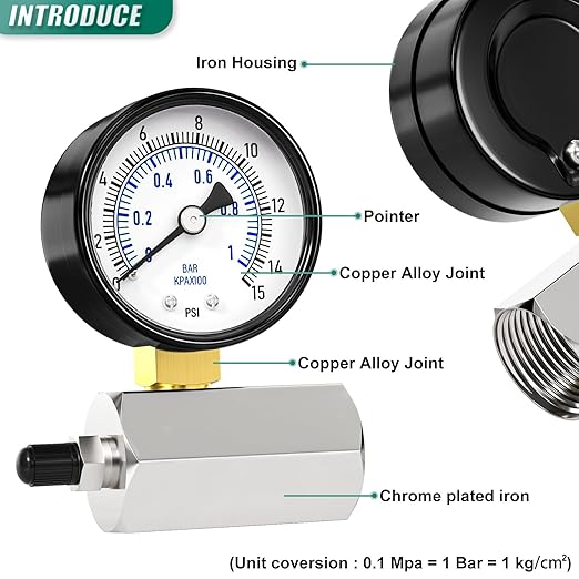 0-15PSI Gas Test Pressure Gauge, 2" Dial Size, 3/4" FNPT Connection, -3-2-3% Accuracy, Brass Valve, Chrome Plated Steel Body Assembly, for as Well as Gas line, air Circuit, Pressure Test