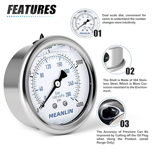 MEANLIN MEASURE 0~4000Psi Stainless Steel 1/4" NPT 2.5" FACE DIAL Liquid Filled Pressure Gauge WOG Water Oil Air Center Back Mount, with 1/4" x 1/2" NPT and 1/4" x 3/8" NPT Hex Bushing