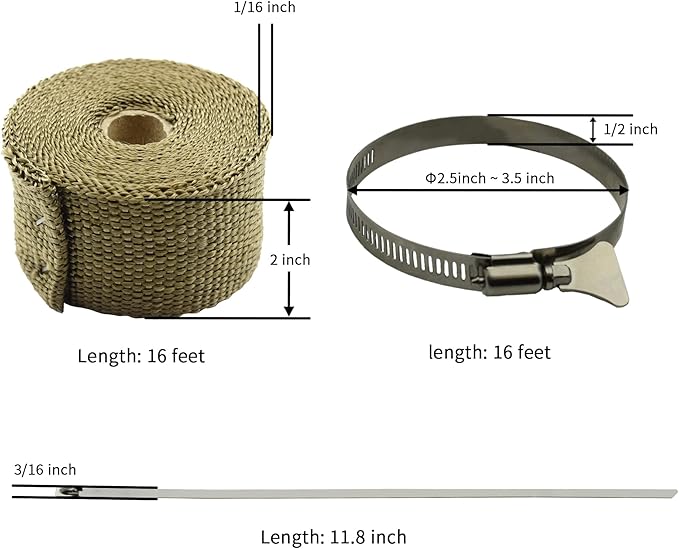 DOBTIM Fireproof Pipe Wrap Insulation 2" Wide X 16' Long, Fiberglass Heat Shield Tape Pipe Webbing for Stove Flue Protector with 2 Clamps, Titanium