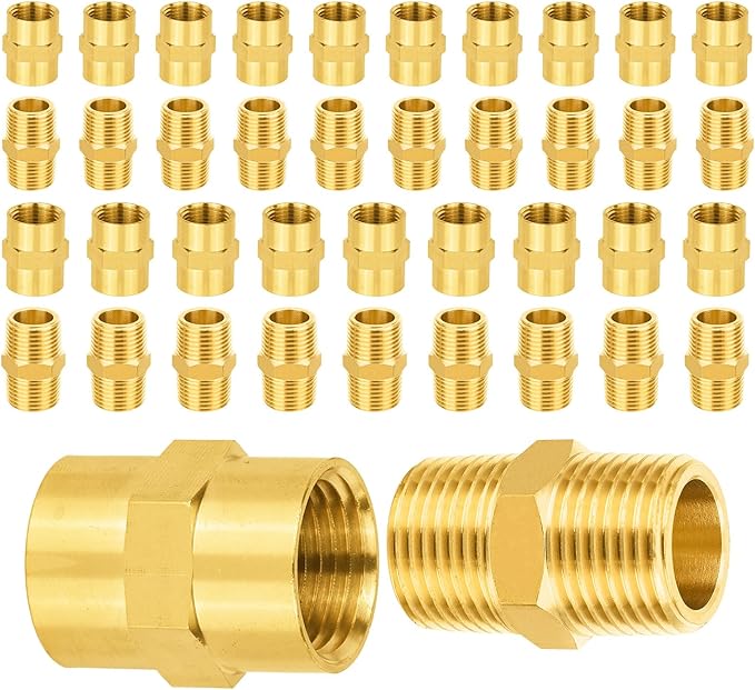 40-PCs HeSun Brass Pipe Fittings Combo, 20-PCs 3/8" NPT Male + 20-PCs 3/8" NPT Female Hex Nipple Adapter