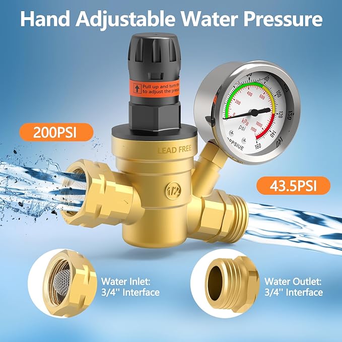 RV Water Pressure Regulator, Handle Adjustable Knob No Tool Required Pressure Regulator,Brass Lead-Free Water Pressure Reducer with Gauge for RV Camper Travel Trailer,Suitable for NH Thread