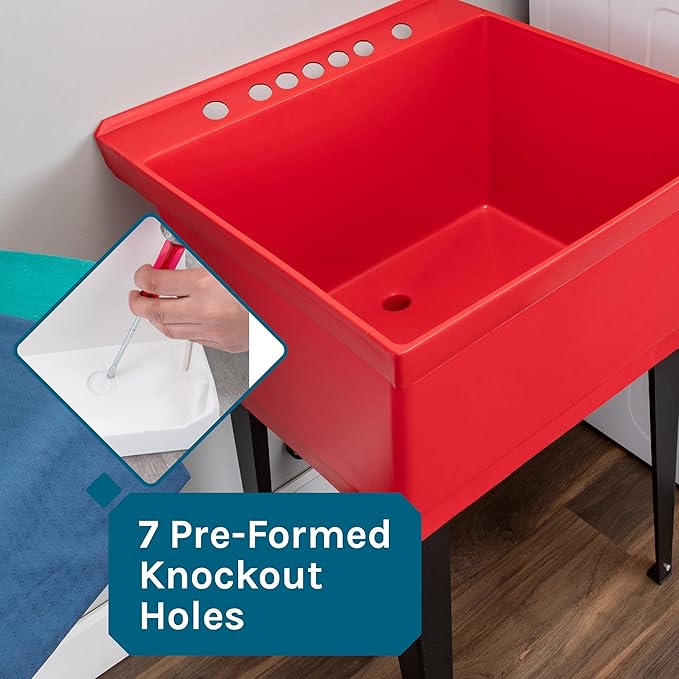 Utility Sink Extra-Deep Red Laundry Tub with High-Arc Stainless Steel Coil Pull-Down Sprayer Faucet, Integrated Supply Lines, P-Trap Kit