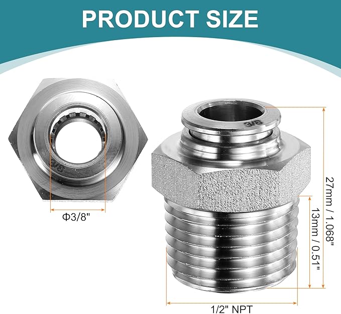 HARFINGTON Push to Connect Fittings 3/8" Tube OD x 1/2" NPT Thread Male Straight Union Fitting 304 Stainless Steel Quick Connect Pneumatic Accessories for Trailers Air Brake System