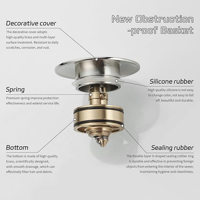BWE Brushed Nickel One-Piece Sink Drain Stopper with Overflow for Bathroom Vessel Vanity Faucet Bathroom SinkPop-Up Drain Assembly with Strainer