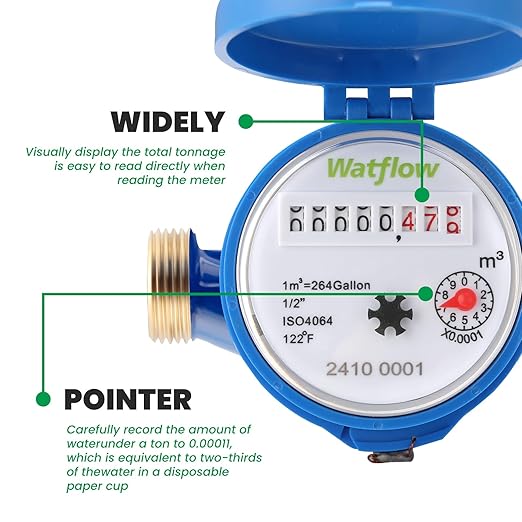 Watflow DN15 Water Meter 1/2" NPT, ISO4064 Certification Cubic Water Flow Meter, Cold Water Meter for Garden/Home/Apartment, Horizontal Install.