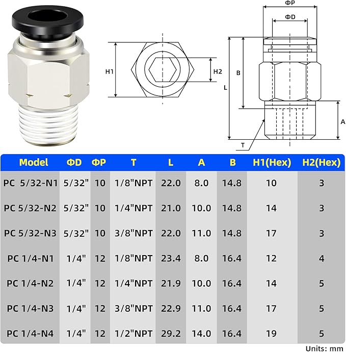 TAILONZ PNEUMATIC Elbow and Straight Combination 5/32 Inch Tube OD x 1/4 Inch NPT Thread Push to Connect Fittings PC-5/32-N2+PL-5/32-N2(Pack of 4)