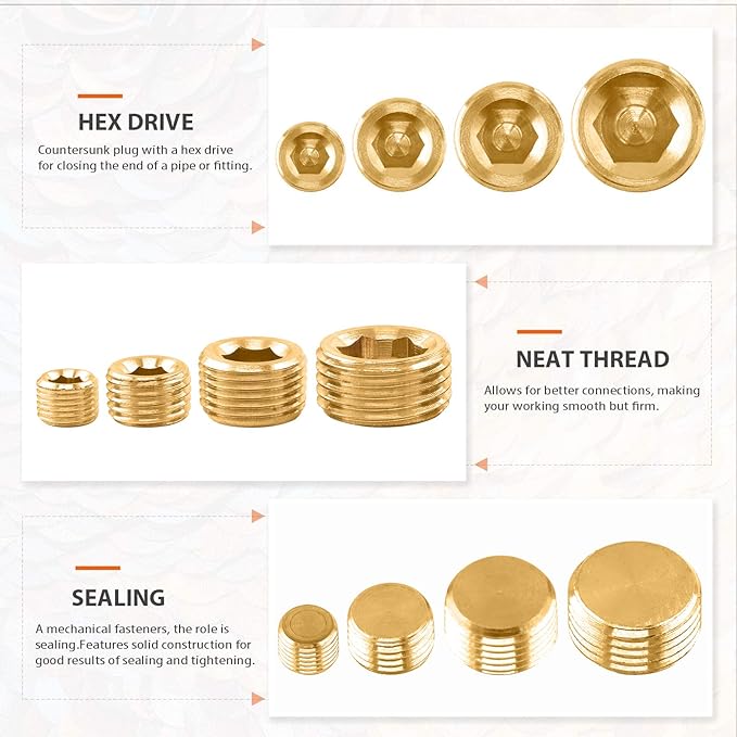 Rustak 16 Pcs Brass Pipe Plugs Assortment Set 1/8" 1/4" 3/8" 1/2" NPT Brass Pipe Fitting, Internal Hex Thread Socket Plug Kit for Water Pump Ports, Oil Sender Holes, Engine Block