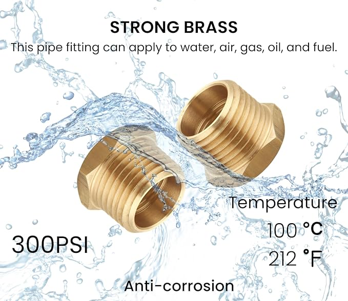 Brass Hex Reducer Bushing Adapter, 1/2" NPT Male x 1/4" NPT Female, Fits Pressure Gauges & Air Distribution Systems, For Hard Line or Fixed Air Lines, Thread 0.75" OD to 0.5" ID, 5pcs