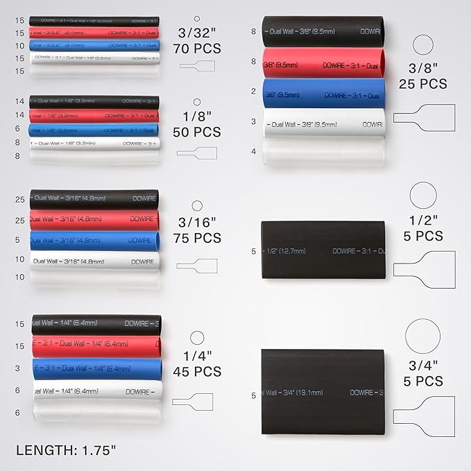 Heat Shrink Tubing Kit - 3:1 Ratio - Adhesive Lined - Wire Shrink Wrap Tubing - Waterproof Marine Grade Shrink Tube - 275 PCS - Black, Red, Blue, White, Clear