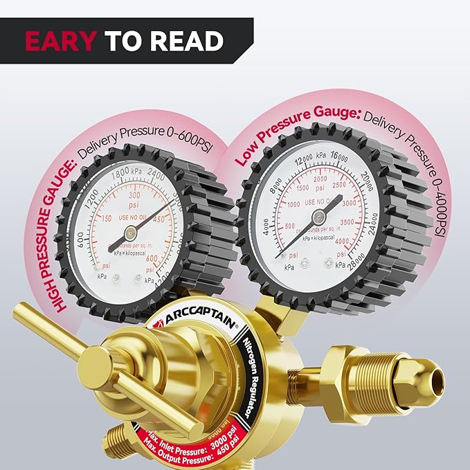 ARCCAPTAIN Nitrogen Regulator with 6.6FT Hose, 0-600 PSI Delivery Pressure, 1/4'' Male Flare Outlet Connection and CGA580 Inlet Connection Gauges