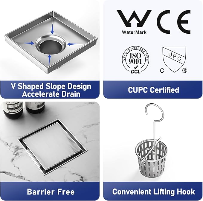 Square Shower Drain 6" with 2" PVC Flange Base, 304 Stainless Steel Tile in Floor Drain w/Tiled Insert Grate & Hair Catcher, CUPC Certified(Brushed, 6'')