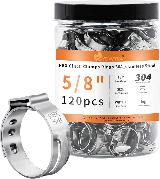 120pcs 5/8 inch PEX Cinch Clamps Rings, 304 Stainless Steel Single Ear Hose Clamps, Pex Crimp Rings for PEX Tubing Pipe Fitting Connections
