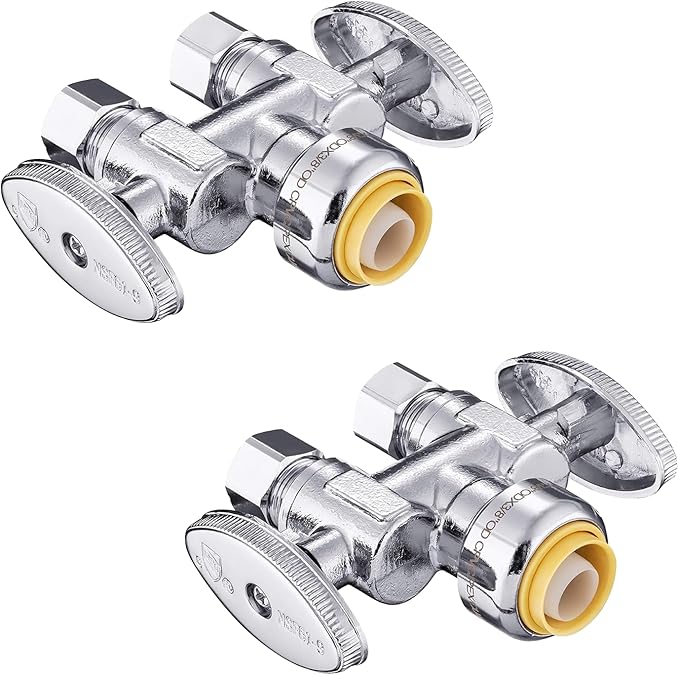 2-Pack Foskan Dual Outlet Push Fit Straight Stop Valve,1/4 Turn Straight Shut off Valve,1/2" Push Fit x 3/8" OD x 3/8" OD,Chrome Plated Brass