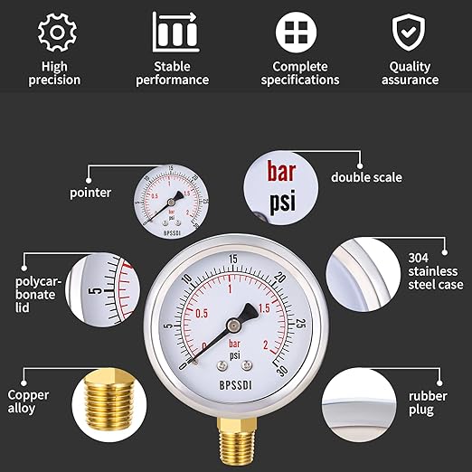 0-30 Psi Low Pressure Gauge, 2.5" Dial Size, 1/4" NPT Lower Mount, 304 Stainless Steel Case, Water Pressure Gauge Test for Water Pipe, HVAC(with Tape)