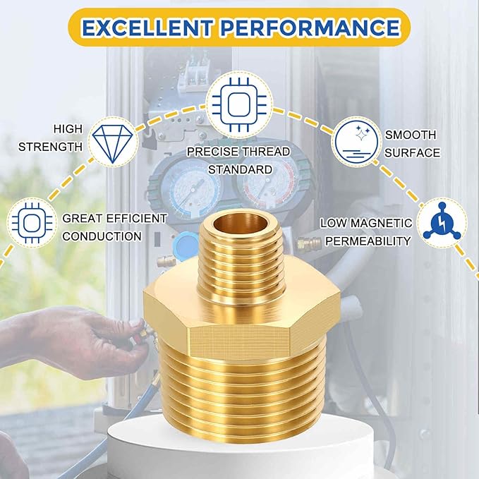 2 Pack Brass Pipe Fittings, 3/4" NPT Male to 1/4" NPT Male Brass Hex Nipple, Male Pipe Adapter Reducer for Air, Oil, LP