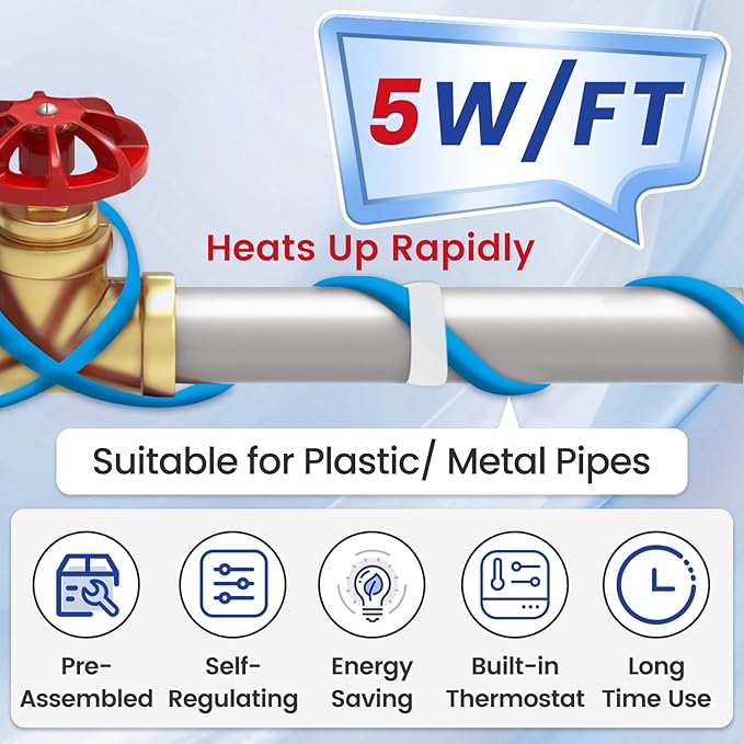 MAXKOSKO 24 Ft. 120 V Heating Cable for Pipe Freeze Protection, Self-Regulating Heat Tape for Water Pipes for Metal and Plastic Pipes, Energy-Saving Heat Trace Cable Keeps Water Flowing at -40 °F