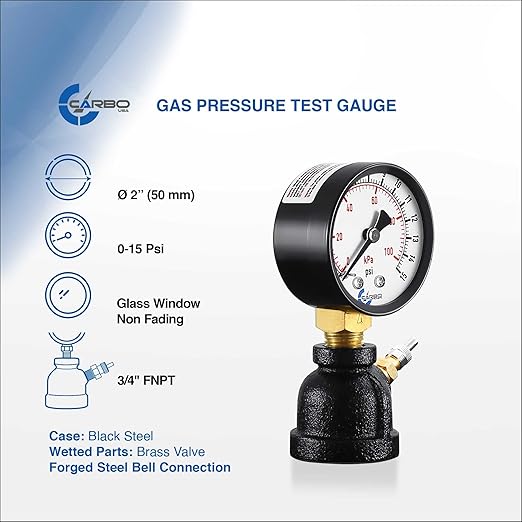 Gas Test Pressure Gauge 15 Pound, 15 PSI / 100 kPa, 3/4” FNPT Connection, Brass Valve, Forged Steel Bell Shape Body Assembly.