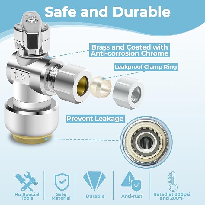 5PCS Angle Stop Valve, 1/2 x 3/8 Inch Compression Angle Water Shut Off Valve, Toilet Faucet Valve, Pushfit 1/4 Turn, No Lead Brass Push to Connect Plumbing Fitting for Copper, CPVC, PE-RT, PEX Pipe