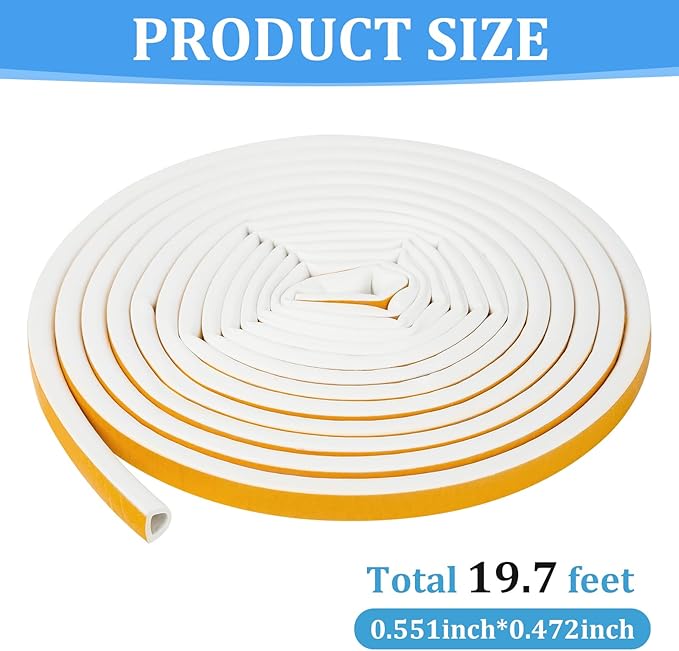 19.7Feet D-type Weather Stripping Door Seal, Self-Adhesive Seals for Door Window Gap, Soundproofing, Insulation Strip, Door Sealers for Door Frame (White), D14-12