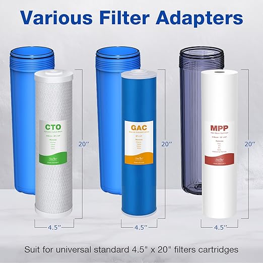 SimPure Whole House Water Filter System, 3-Stage Clear Home Water Pre-Filtration with Carbon Sediment and GAC Filters, Reduce Odor, Chlorine, Taste, Iron, Lead, 1" NPT Brass Port, BPA Free (DB20P-3)