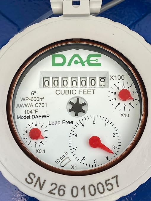 DAE WP-600nf 6" Lead Free Woltmann Helix Water Meter, Pulse Output, Cubic Feet