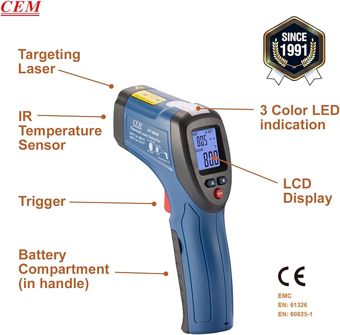 CEM DT-8666 Digital Infrared Meat Thermometer Gun,DS10:1 Instant Read Laser Temperature Gun for Griddle,Grill,Oven,Pizza, Thermal Air Heat Leak Detector for Industrial Repairs with Color Light Alarm