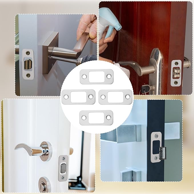 4Pcs Door Strike Plate Round Corner Stainless Steel Deadbolt Strike Plate 1" x 2-1/4" Door Lock Plates with 8 Screws for Interior/Exterior Doors
