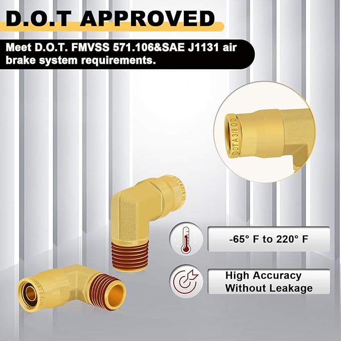 Siptenk 3/8" Elbow DOT Brass Push to Connect Air Line Fittings 5 PCS, 3/8" OD Tube x 1/4" NPT Thread Air Brake Line Quick Connect Fittings for Truck Trailers Industry Air System